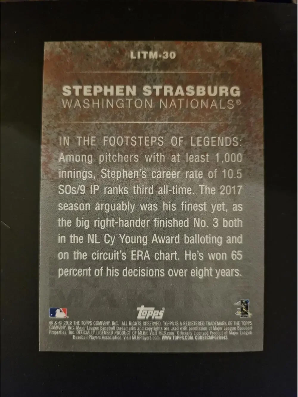 2018 Topps Legends in the Making Black  #LITM-30 - Stephen Strasburg - RAW Mint - Picture 2 of 2